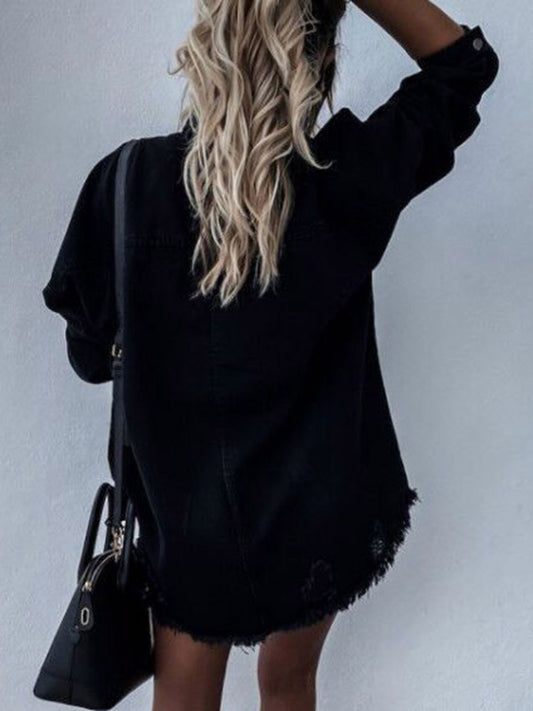 Raw Hem Collared Neck Long Sleeve Denim Jacket S-XL