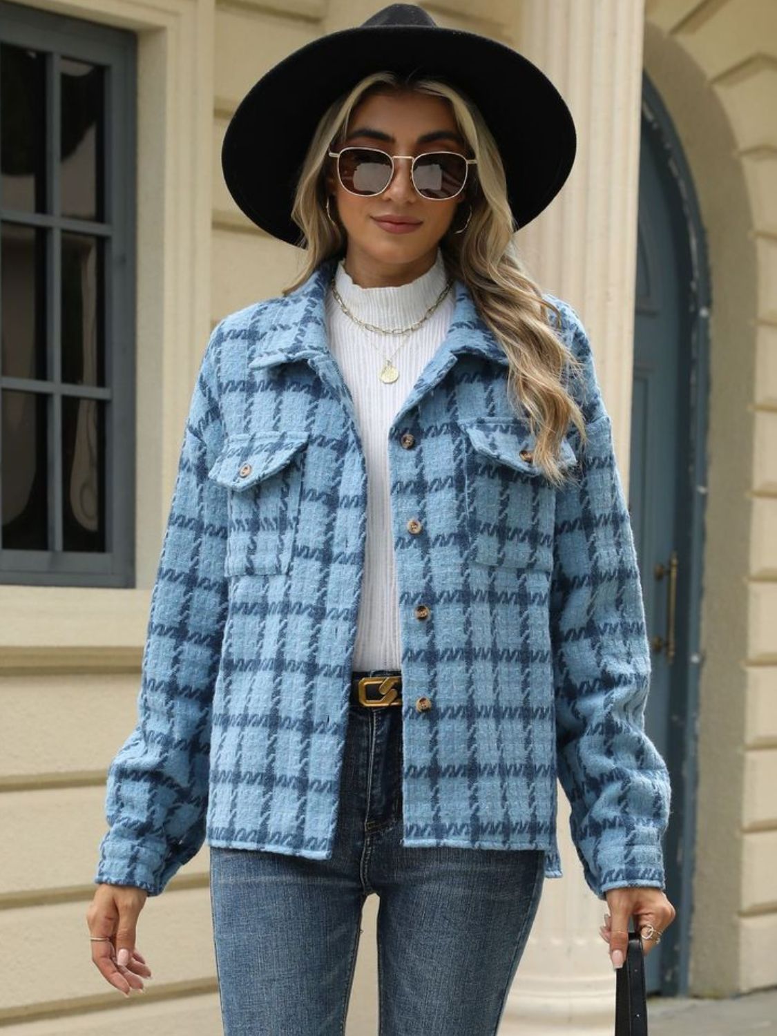 Plaid Collared Neck Long Sleeve Jacket S-XL