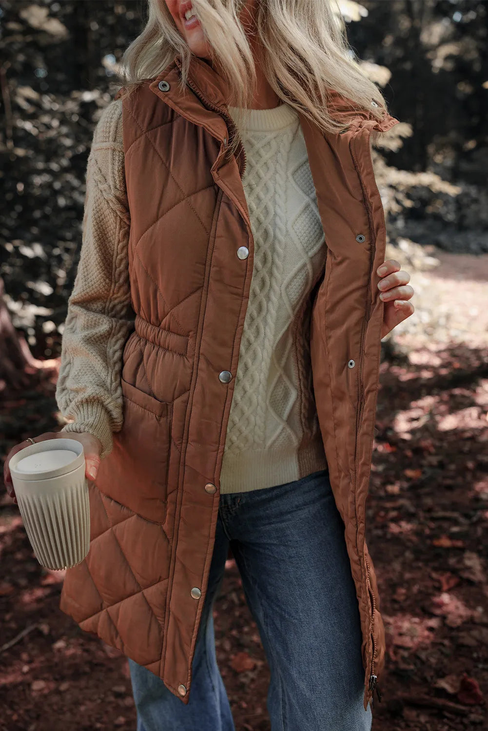 Pocketed Zipper and Button Vest Coat S-XL