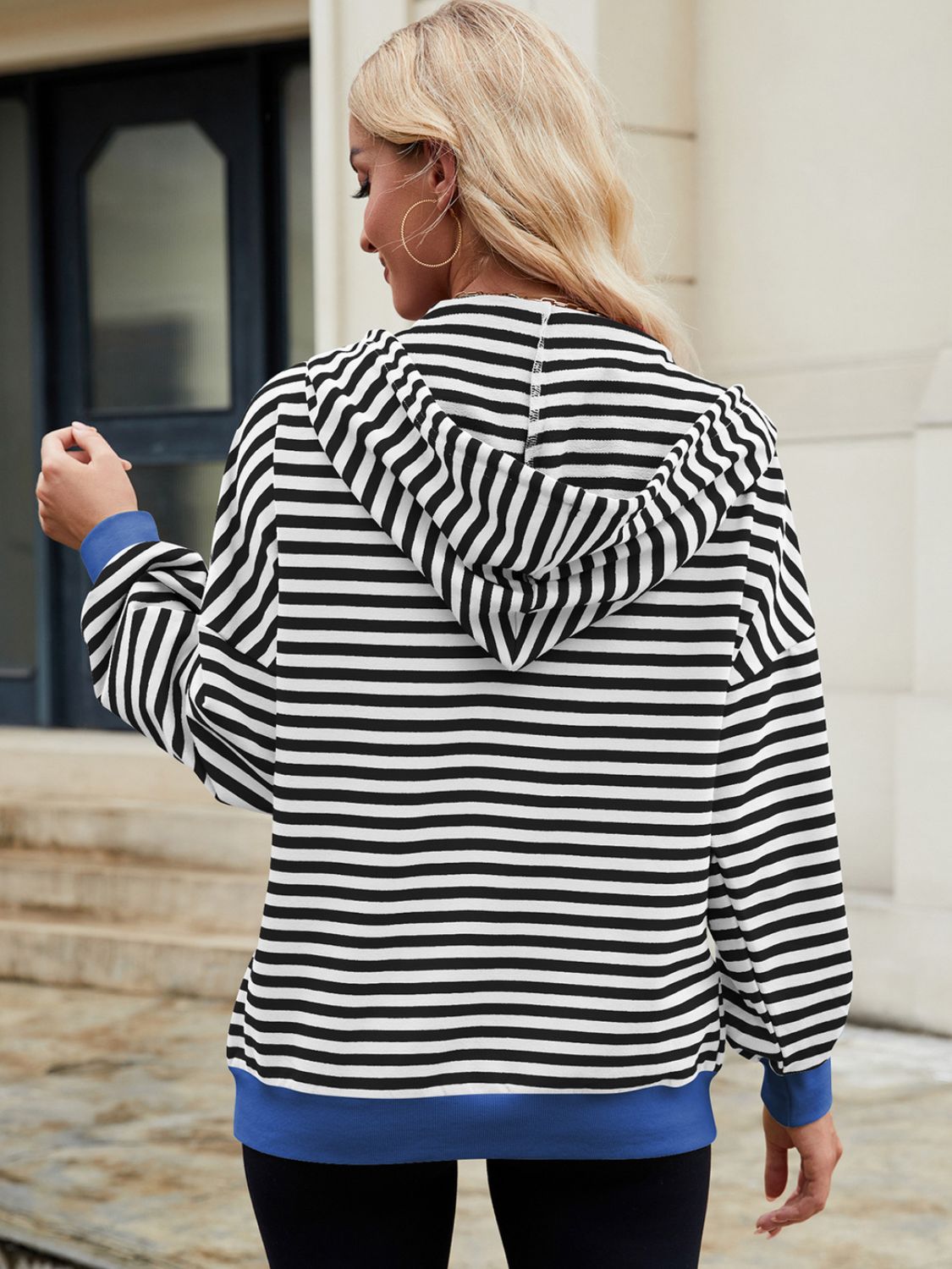 Drawstring Striped Zip Up Long Sleeve Hoodie S-2XL