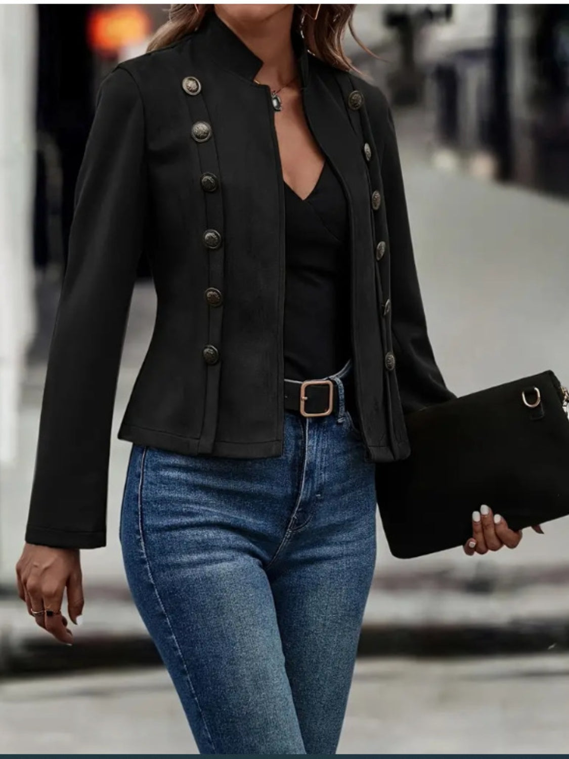 Decorative Button Open Front Long Sleeve Jacket S-2XL
