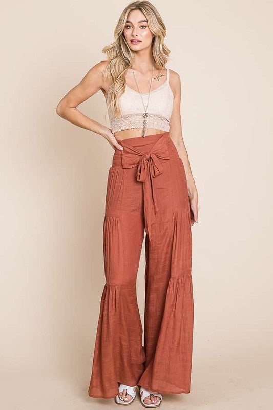 Tie front ruched waist back pants Sizes 1X-3X