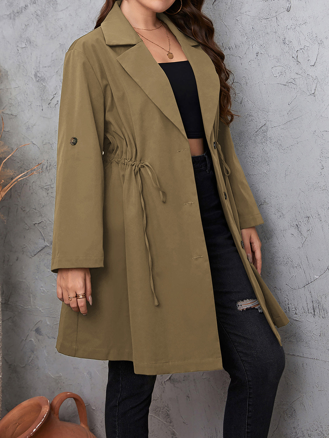 Honey Plus Size Lapel Collar Drawstring Roll-Tab Sleeve Trench Coat 1XL-4XL
