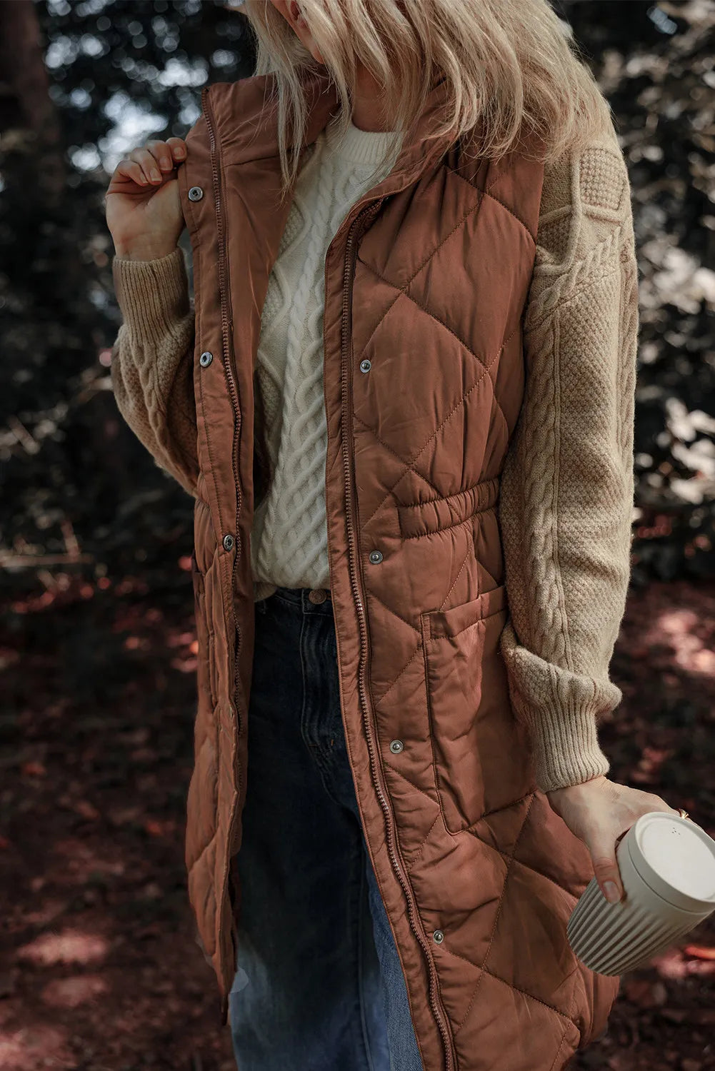 Pocketed Zipper and Button Vest Coat S-XL
