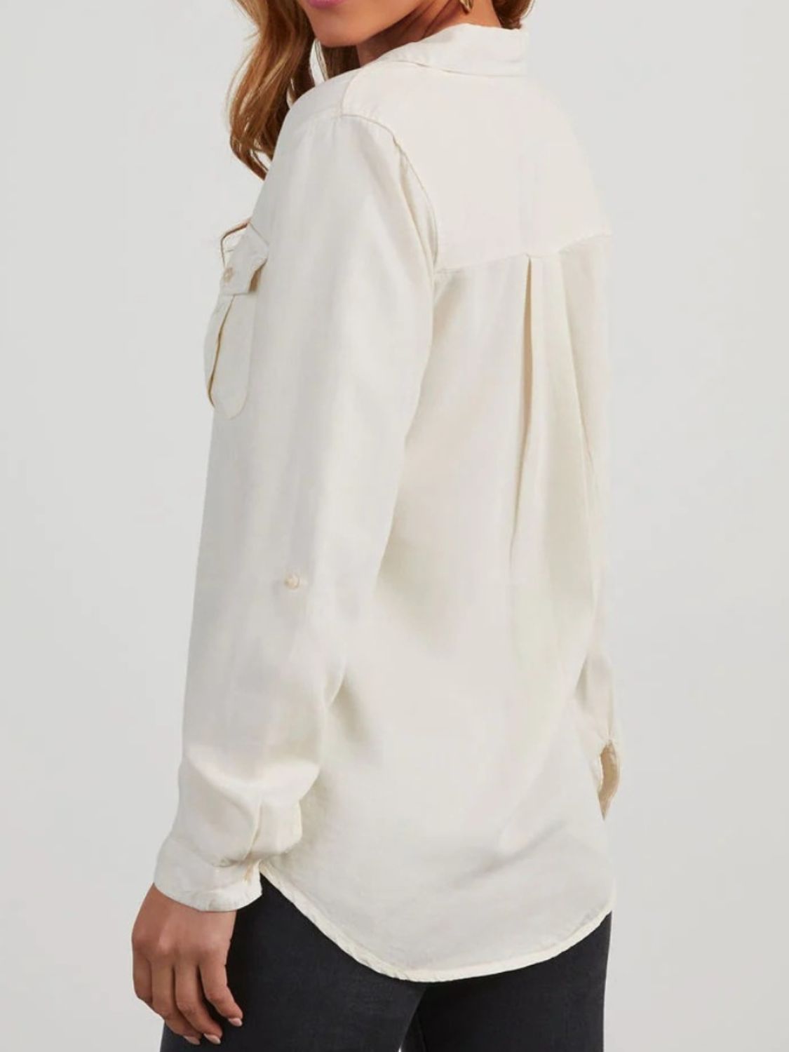 Collared Neck Roll-Tab Sleeve Denim Top S-2XL