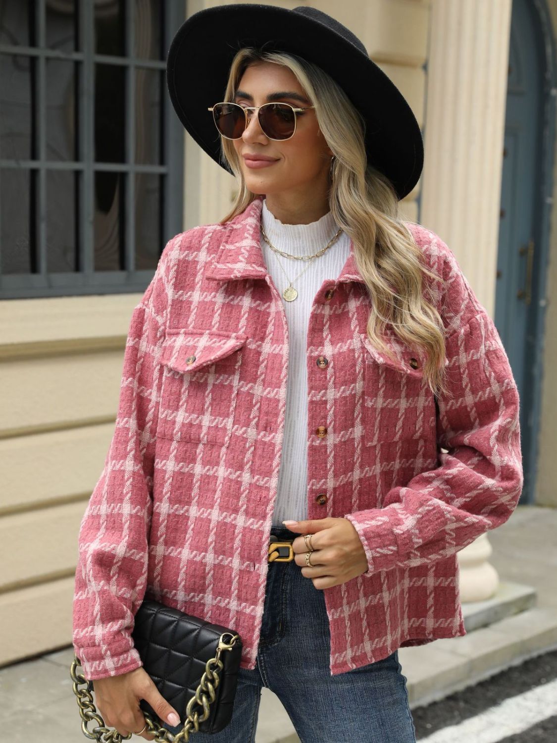 Plaid Collared Neck Long Sleeve Jacket S-XL