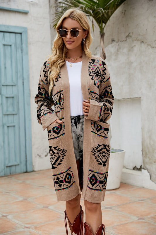 Pocketed Geometric Open Front Dropped Shoulder Cardigan S-XL