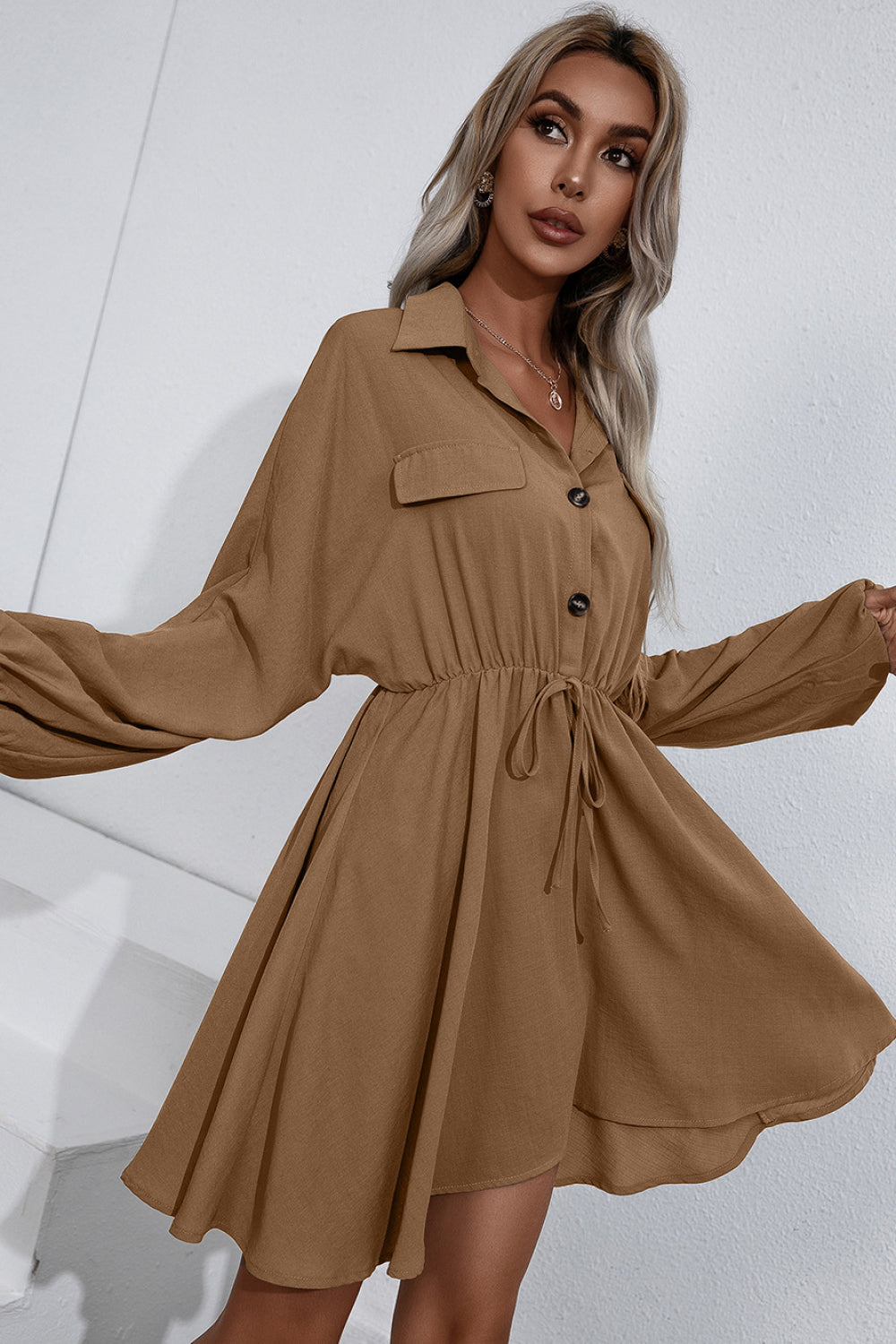 Ivy Lane Collared Tie Waist Button Up Shirt Dress S-XL