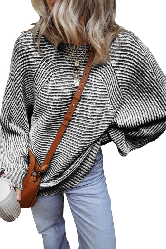 Textured Striped Round Neck Long Sleeve Top S-L