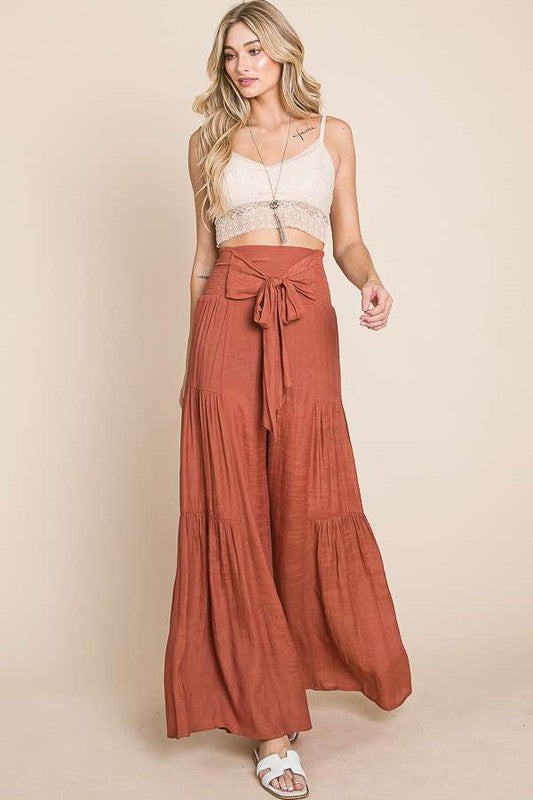 Tie front ruched waist back pants Sizes 1X-3X