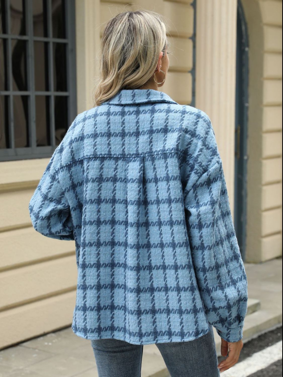 Plaid Collared Neck Long Sleeve Jacket S-XL
