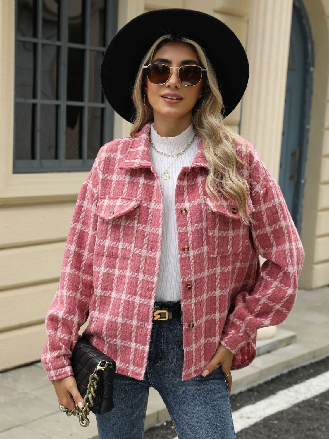 Plaid Collared Neck Long Sleeve Jacket S-XL