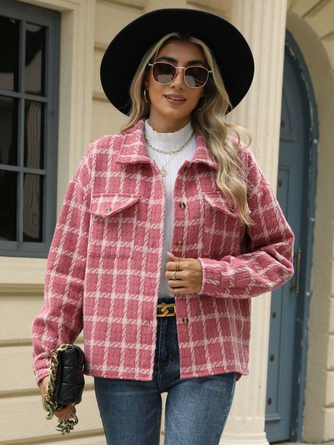 Plaid Collared Neck Long Sleeve Jacket S-XL