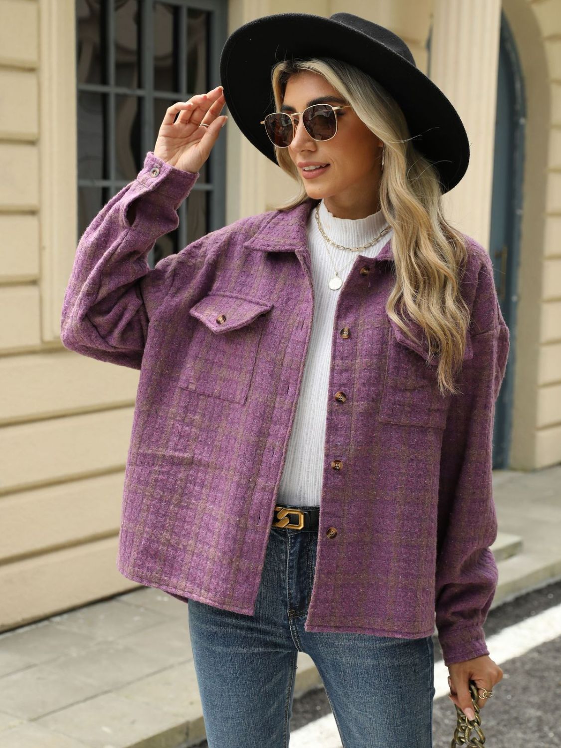 Plaid Collared Neck Long Sleeve Jacket S-XL