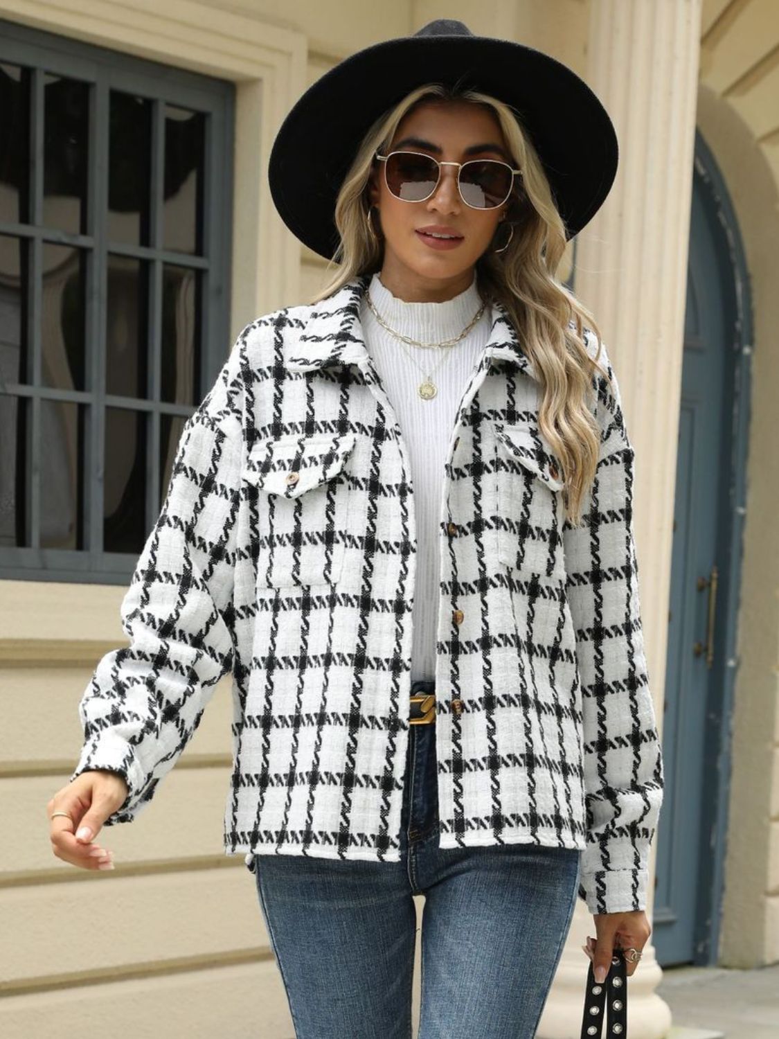 Plaid Collared Neck Long Sleeve Jacket S-XL