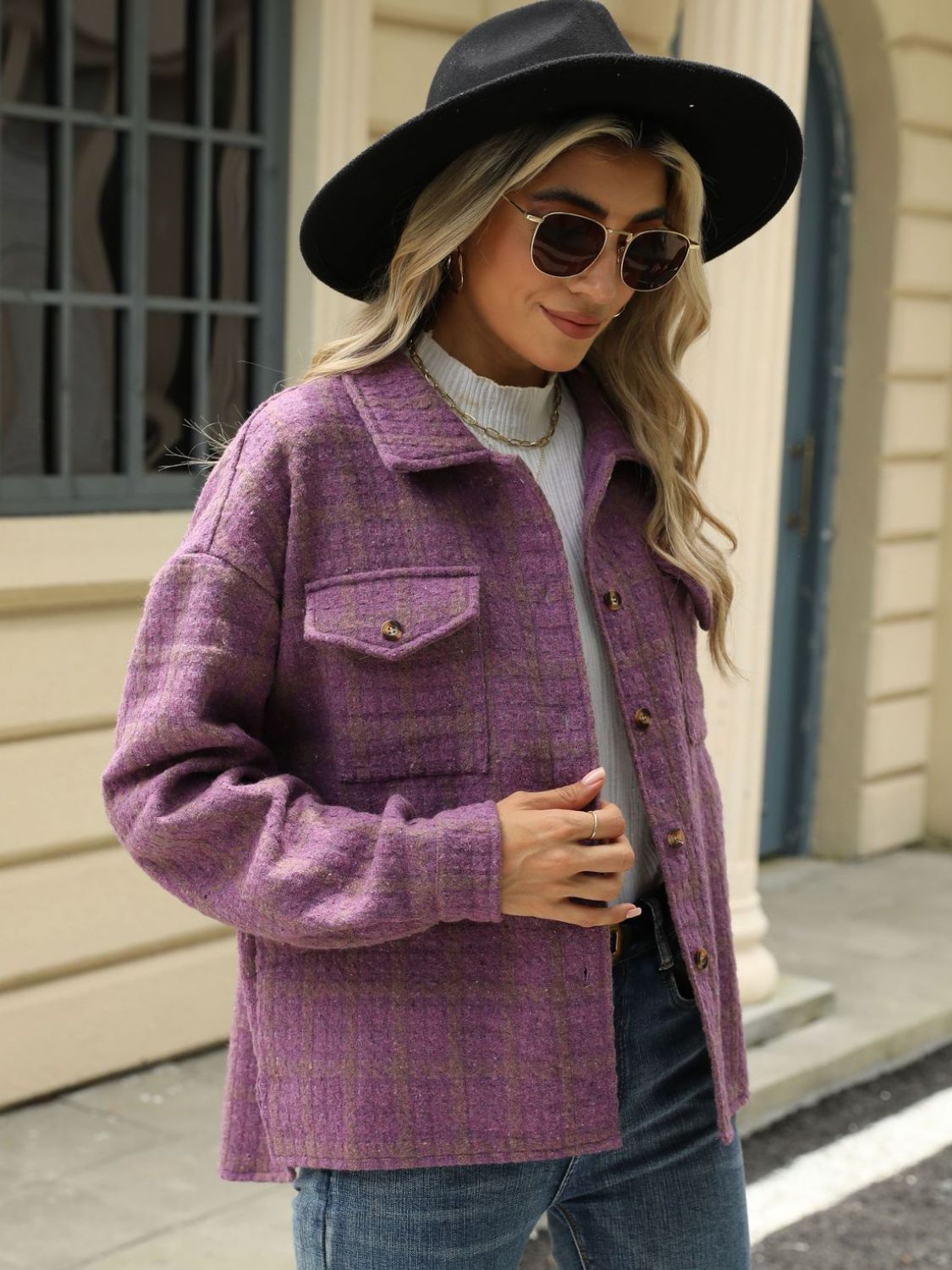Plaid Collared Neck Long Sleeve Jacket S-XL