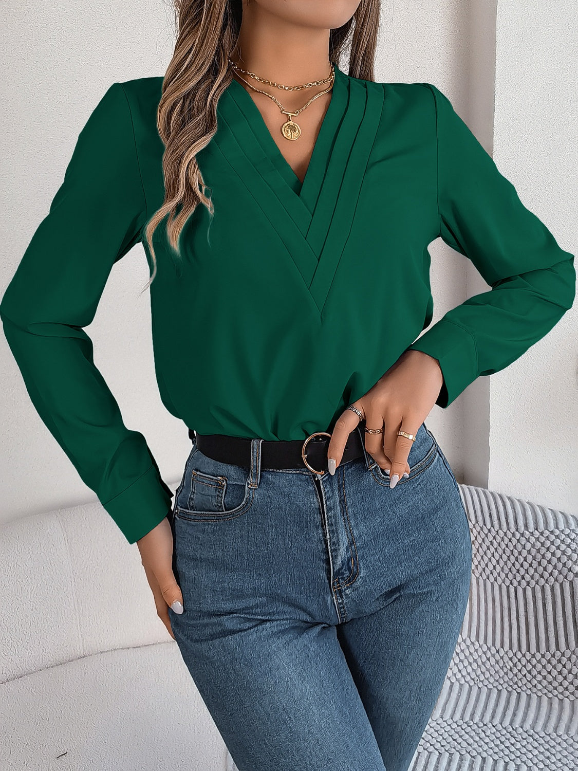 V-Neck Long Sleeve Blouse S-XL