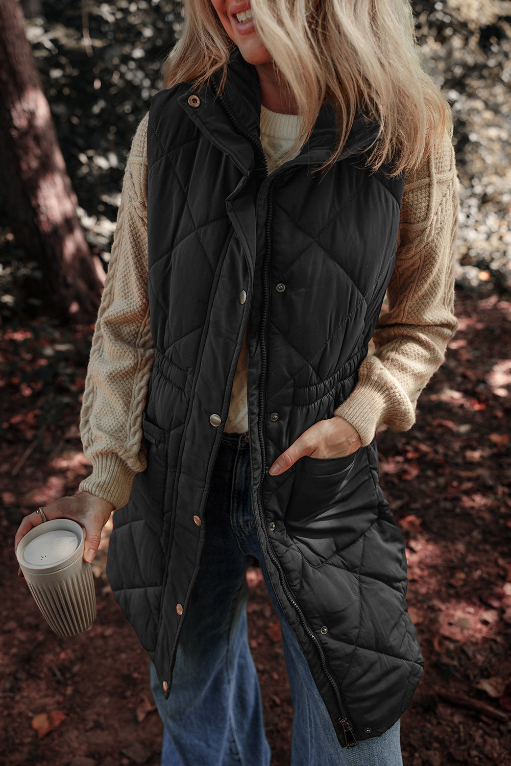 Pocketed Zipper and Button Vest Coat S-XL