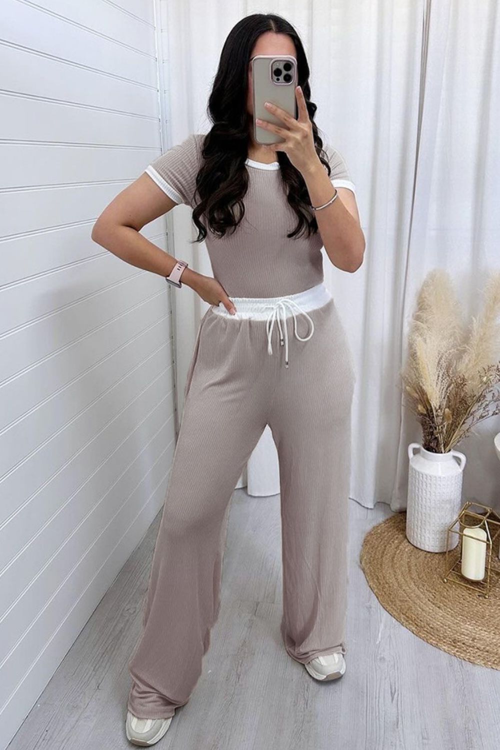 Contrast Trim Round Neck Top and Pants Set S-2XL