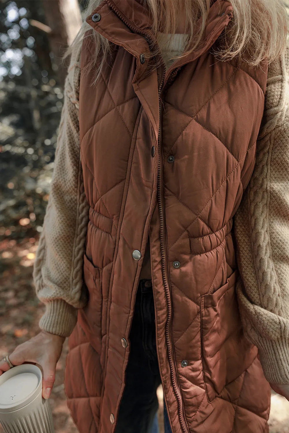 Pocketed Zipper and Button Vest Coat S-XL