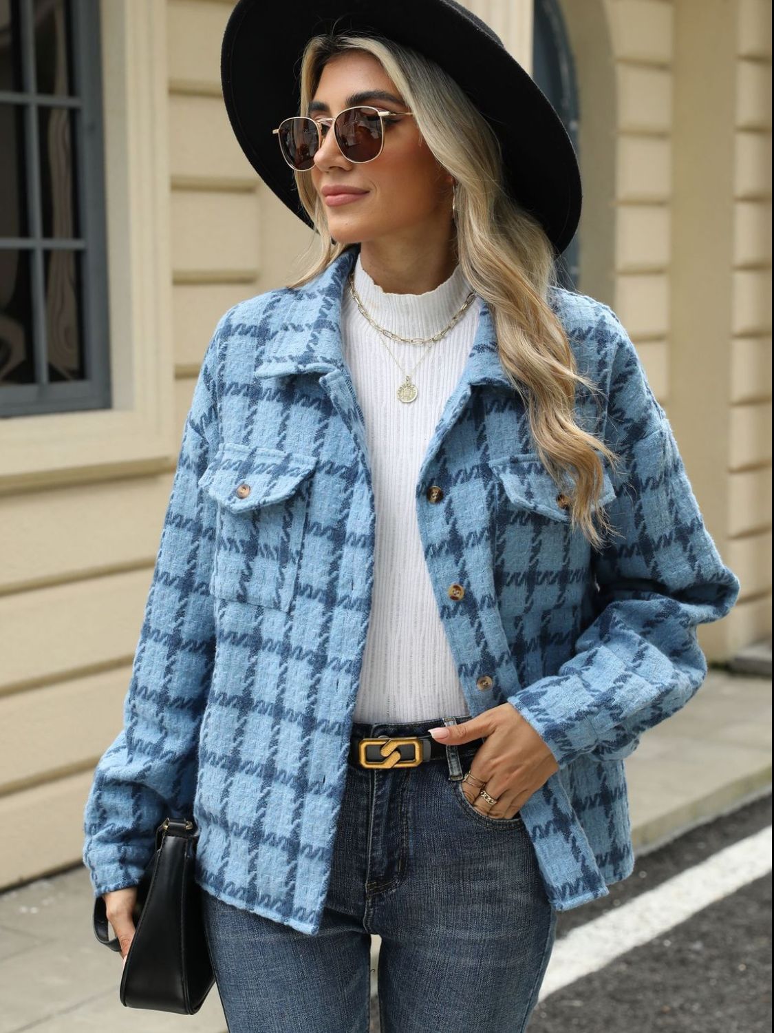 Plaid Collared Neck Long Sleeve Jacket S-XL