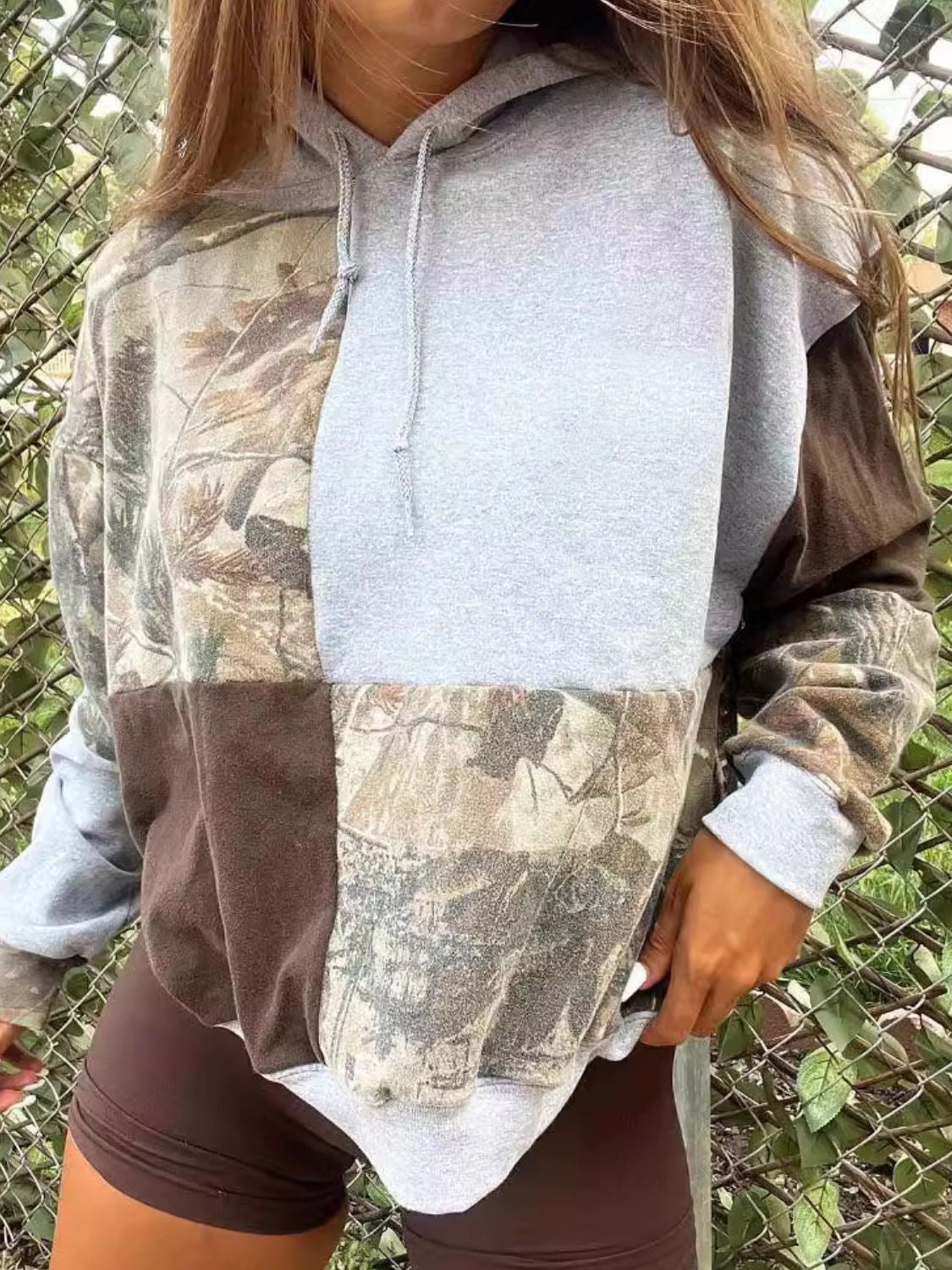 Full Size Drawstring Patchwork Long Sleeve Hoodie S-5XL