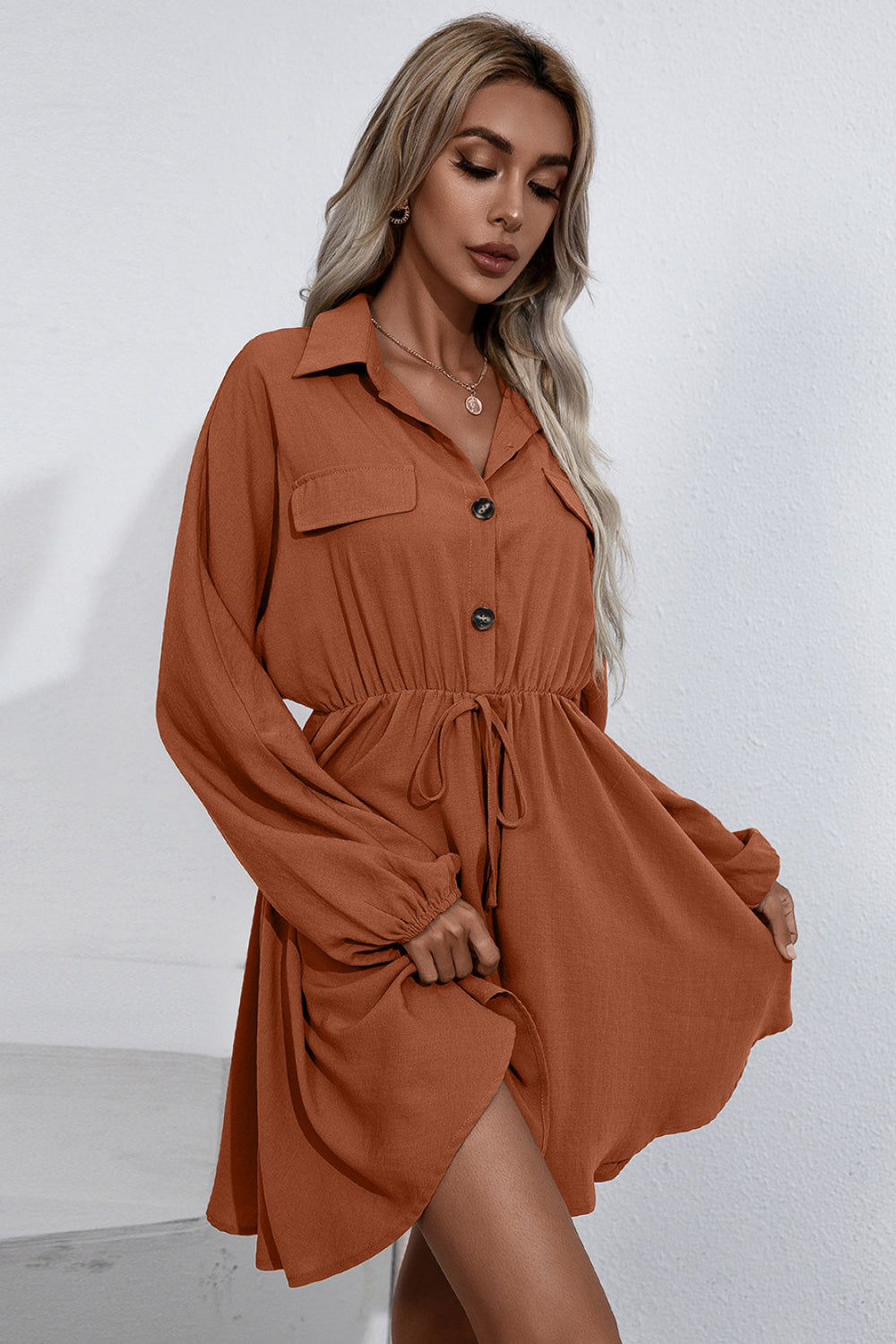 Ivy Lane Collared Tie Waist Button Up Shirt Dress S-XL