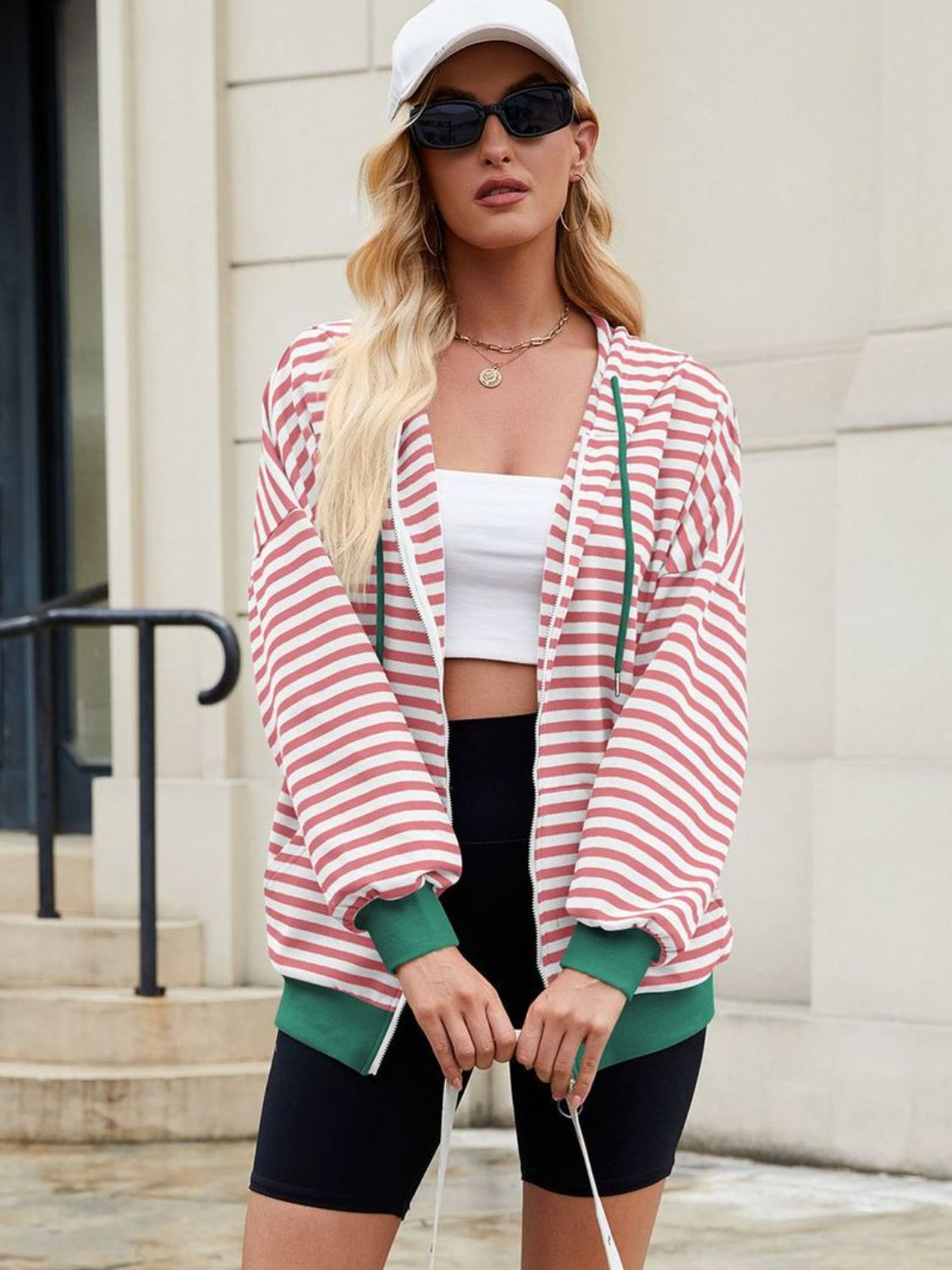Drawstring Striped Zip Up Long Sleeve Hoodie S-2XL