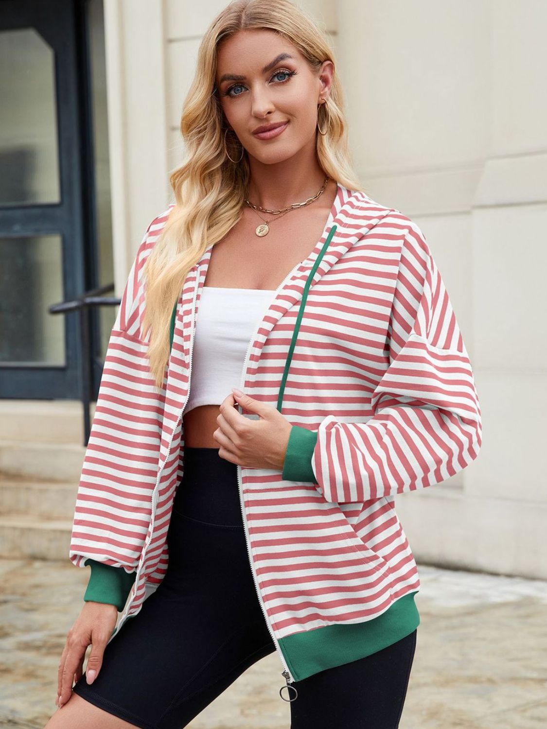 Drawstring Striped Zip Up Long Sleeve Hoodie S-2XL