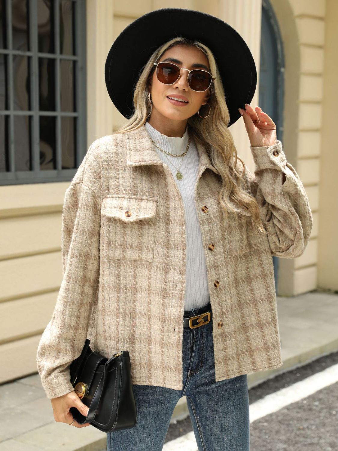 Plaid Collared Neck Long Sleeve Jacket S-XL