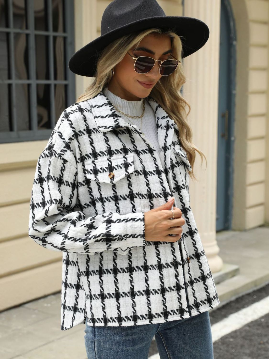 Plaid Collared Neck Long Sleeve Jacket S-XL