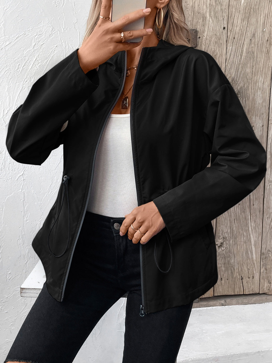 Ivy Lane Drawstring Zip Up Hooded Jacket S-2XL