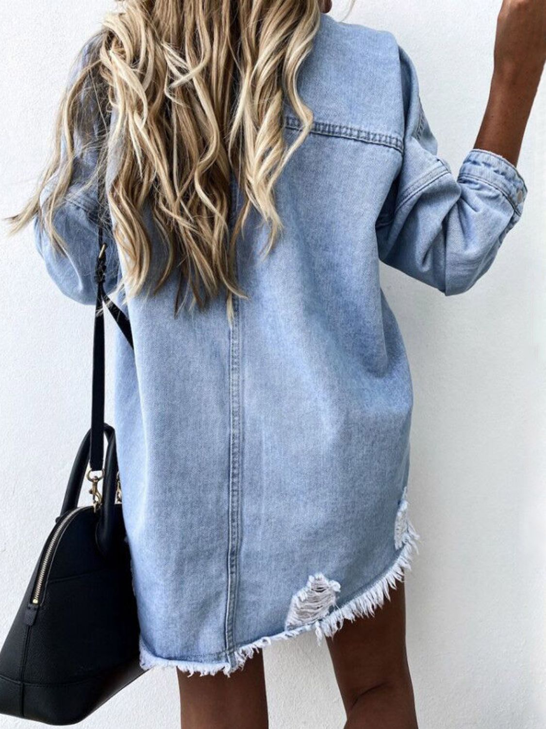 Raw Hem Collared Neck Long Sleeve Denim Jacket S-XL
