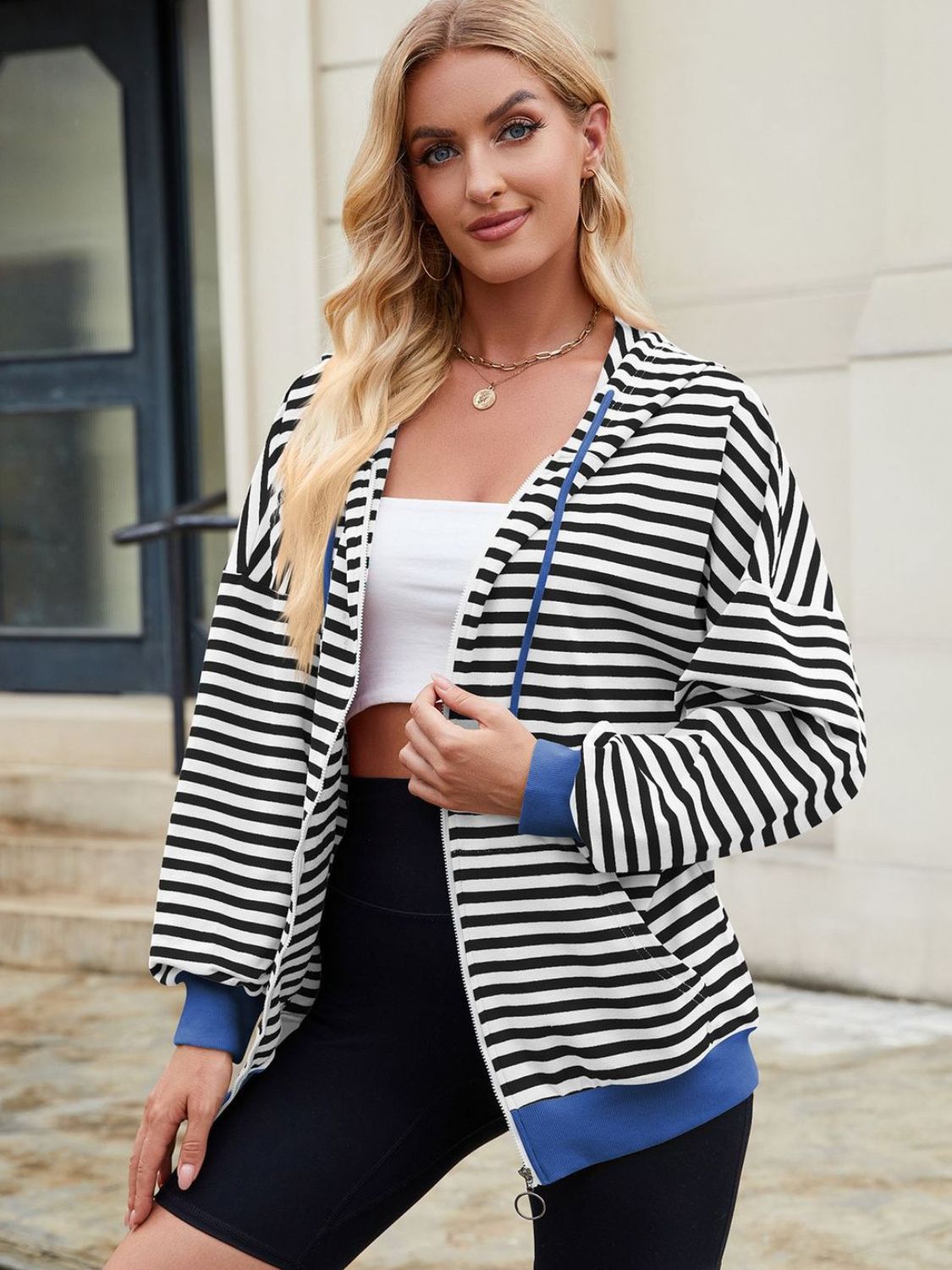 Drawstring Striped Zip Up Long Sleeve Hoodie S-2XL