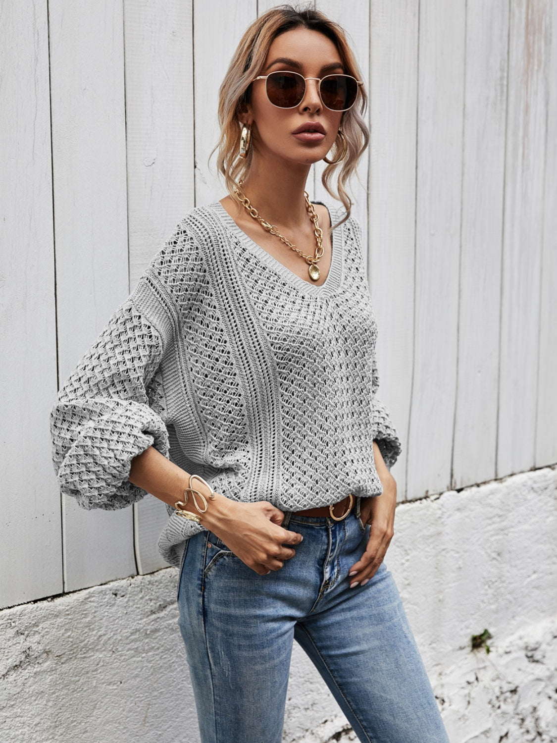 Angel Wings V-Neck Dropped Shoulder Sweater S-XL