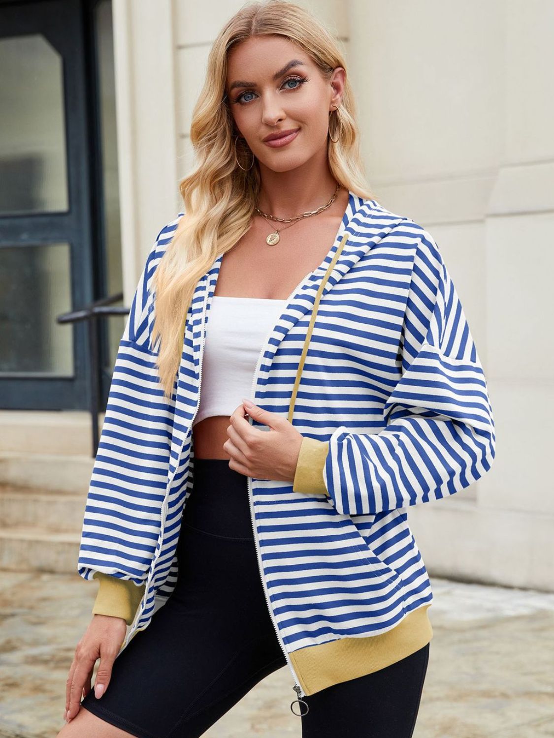 Drawstring Striped Zip Up Long Sleeve Hoodie S-2XL