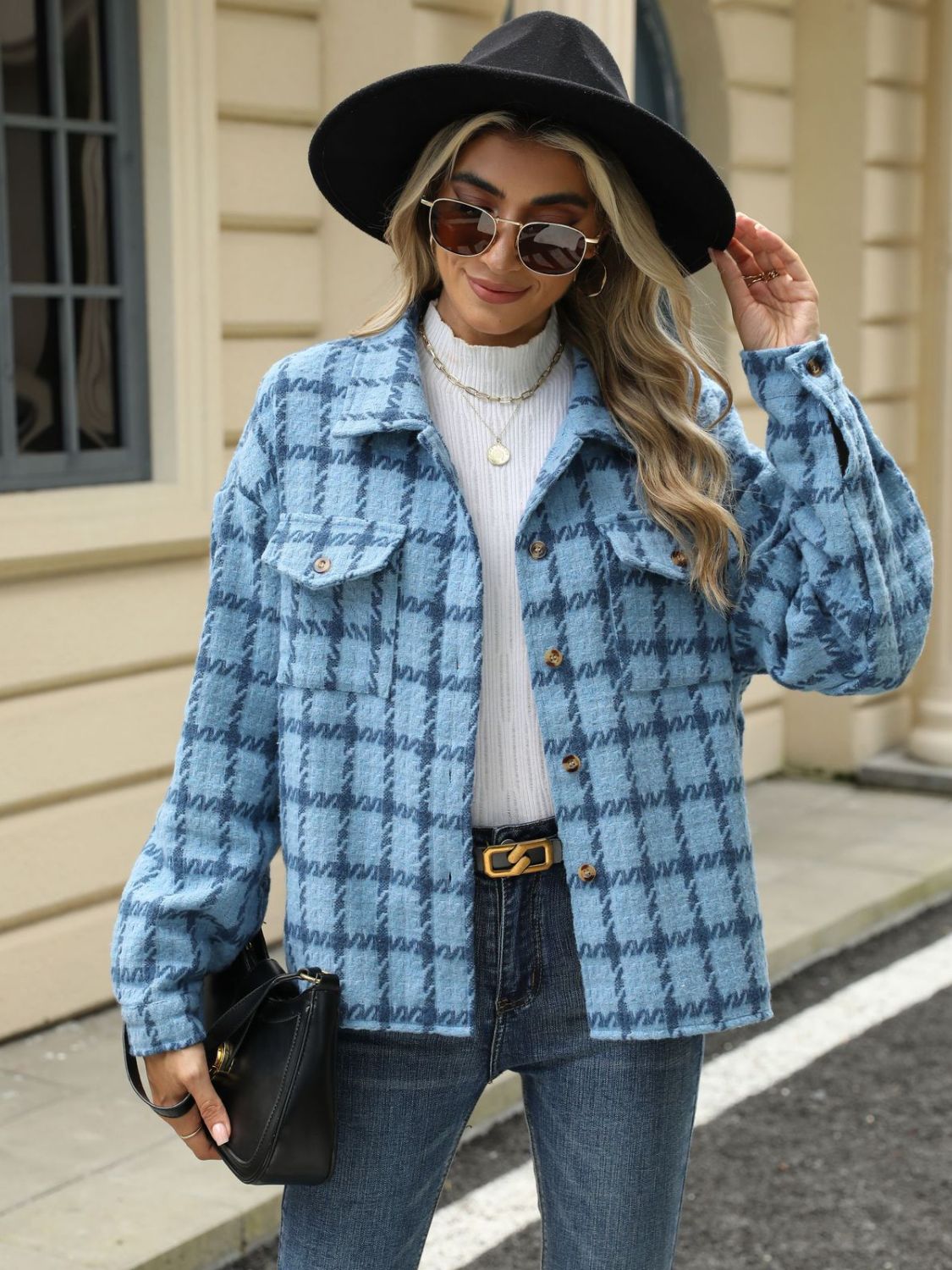 Plaid Collared Neck Long Sleeve Jacket S-XL