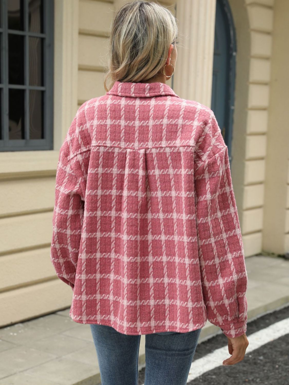 Plaid Collared Neck Long Sleeve Jacket S-XL