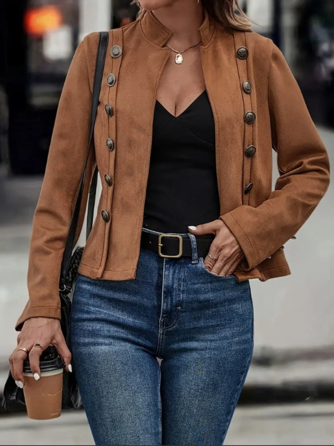 Decorative Button Open Front Long Sleeve Jacket S-2XL