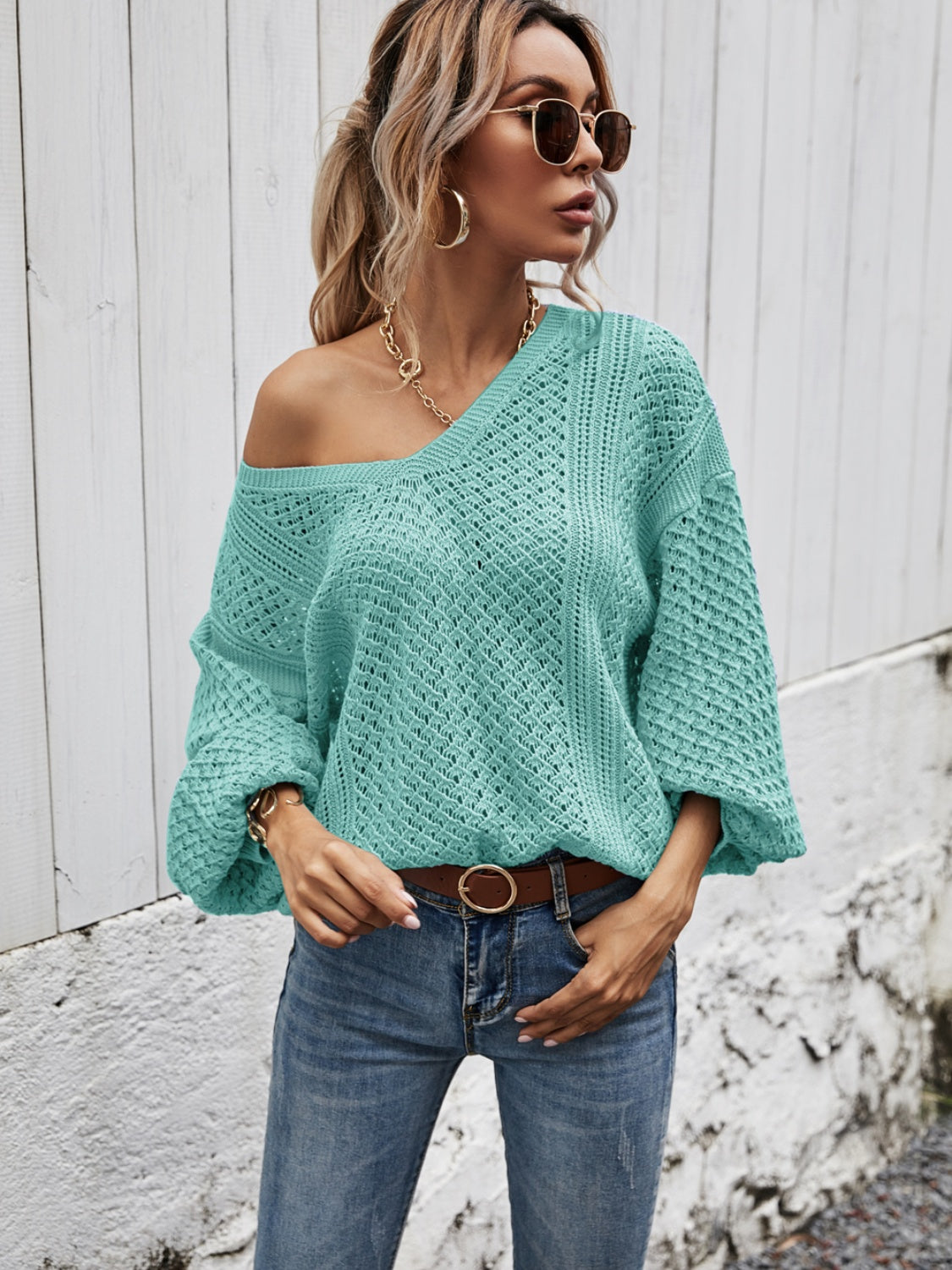 Angel Wings V-Neck Dropped Shoulder Sweater S-XL