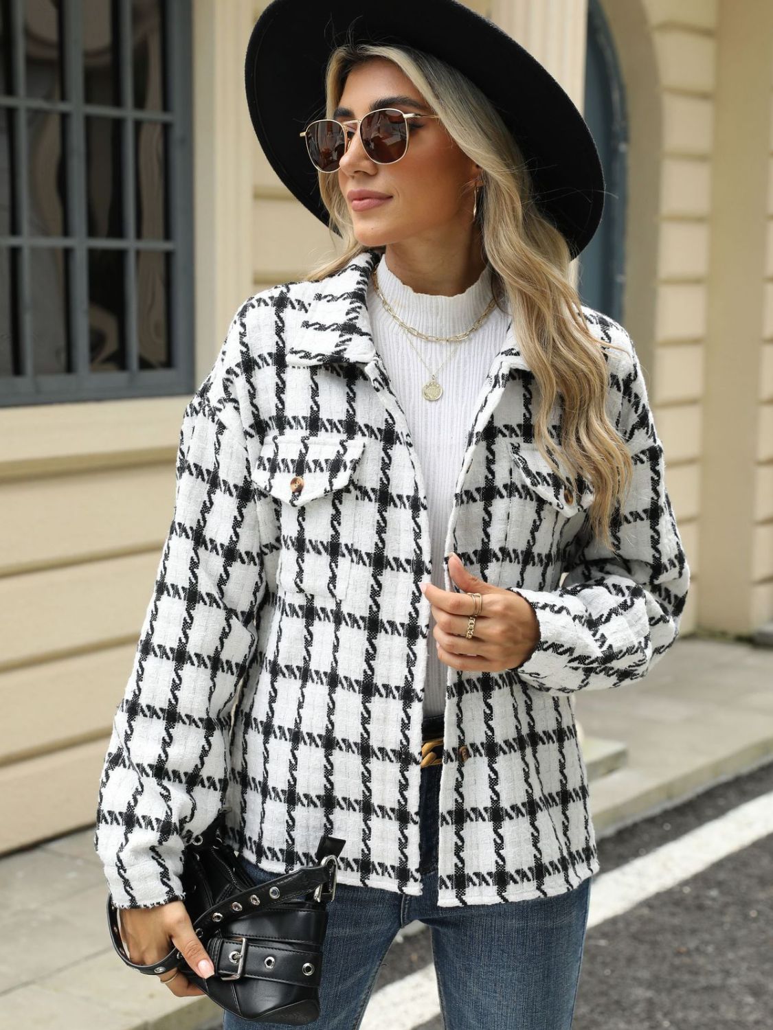 Plaid Collared Neck Long Sleeve Jacket S-XL