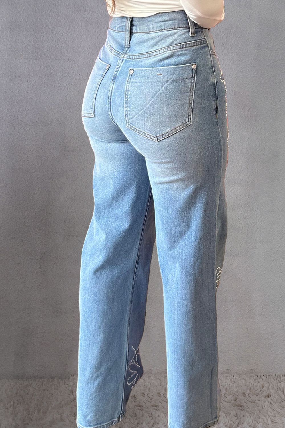 Rhinestone Straight Jeans with Pockets Sizes 6-16
