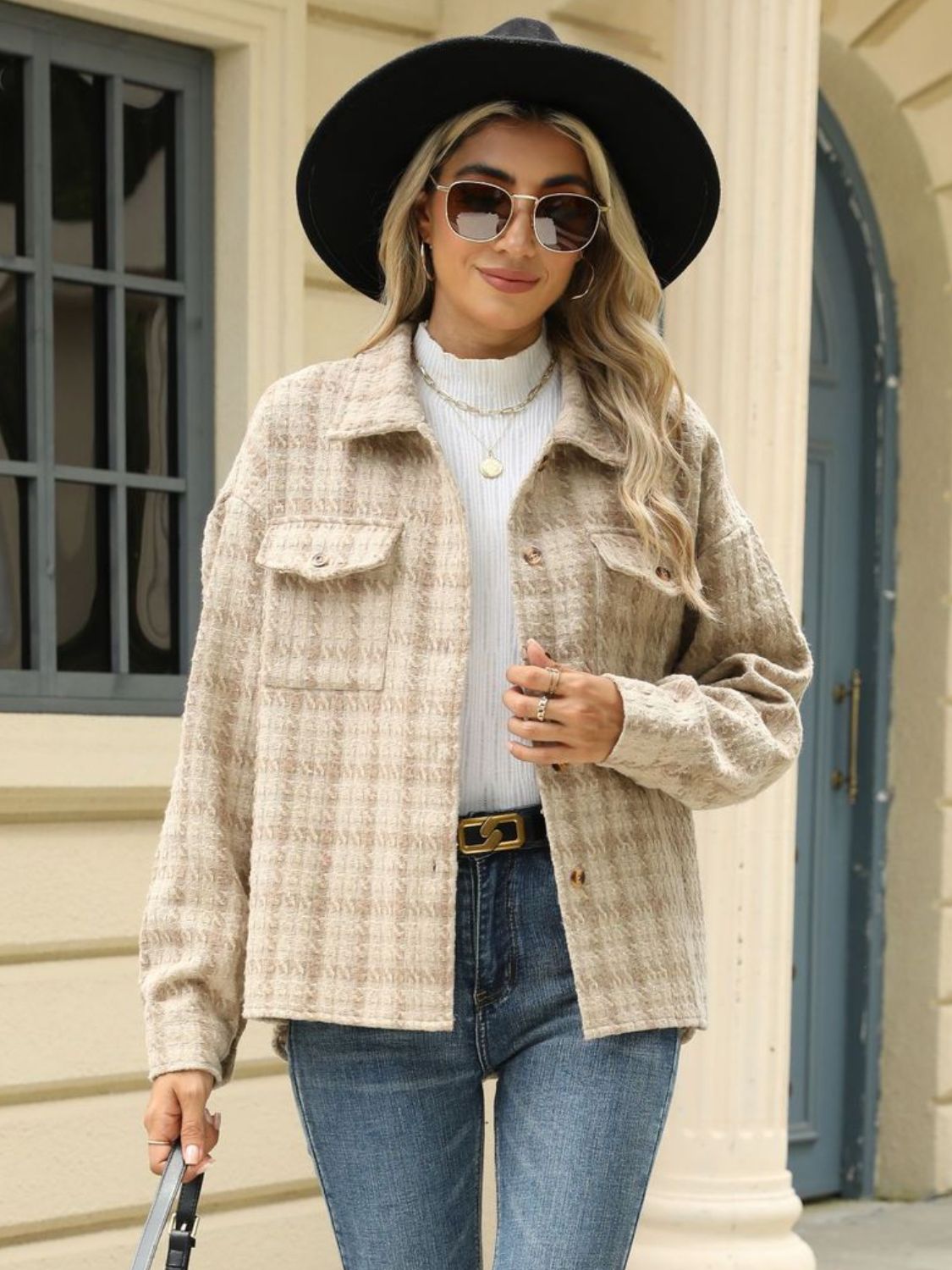 Plaid Collared Neck Long Sleeve Jacket S-XL