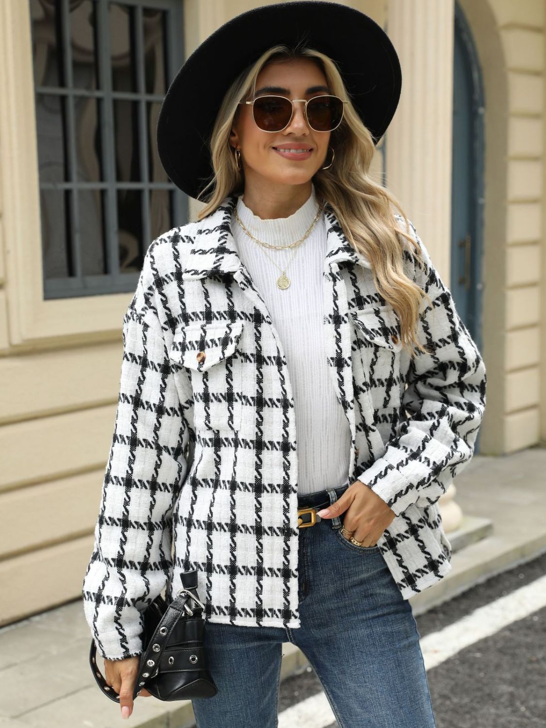 Plaid Collared Neck Long Sleeve Jacket S-XL