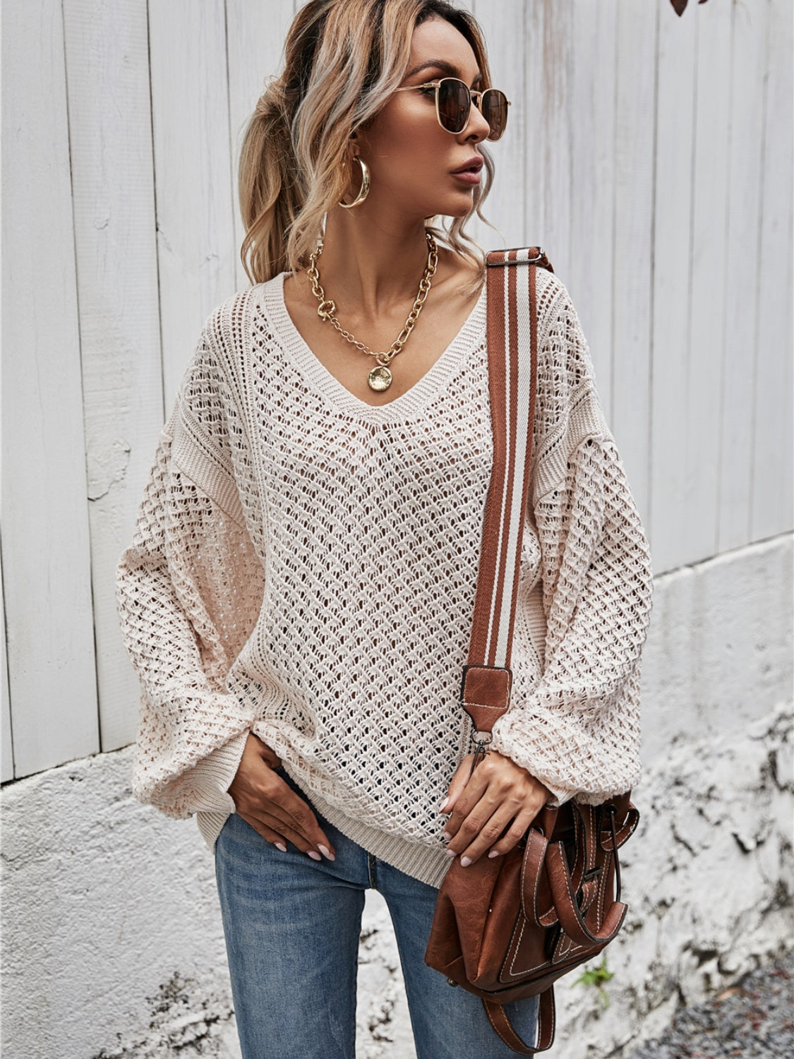 Angel Wings V-Neck Dropped Shoulder Sweater S-XL