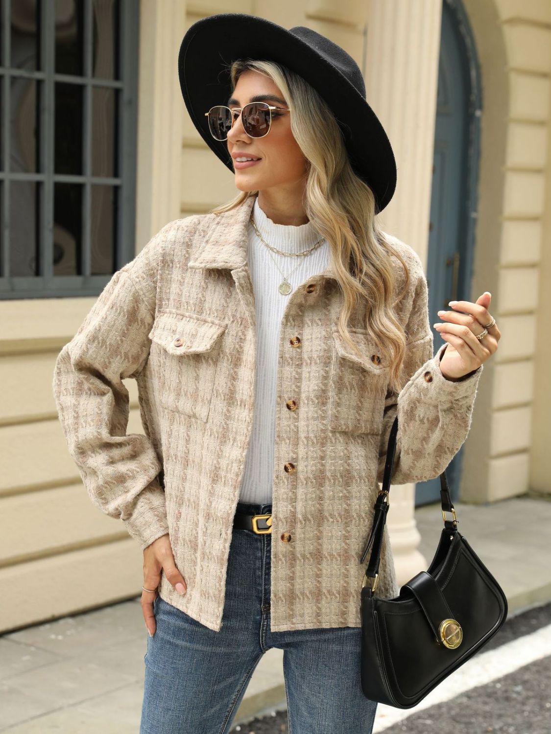 Plaid Collared Neck Long Sleeve Jacket S-XL