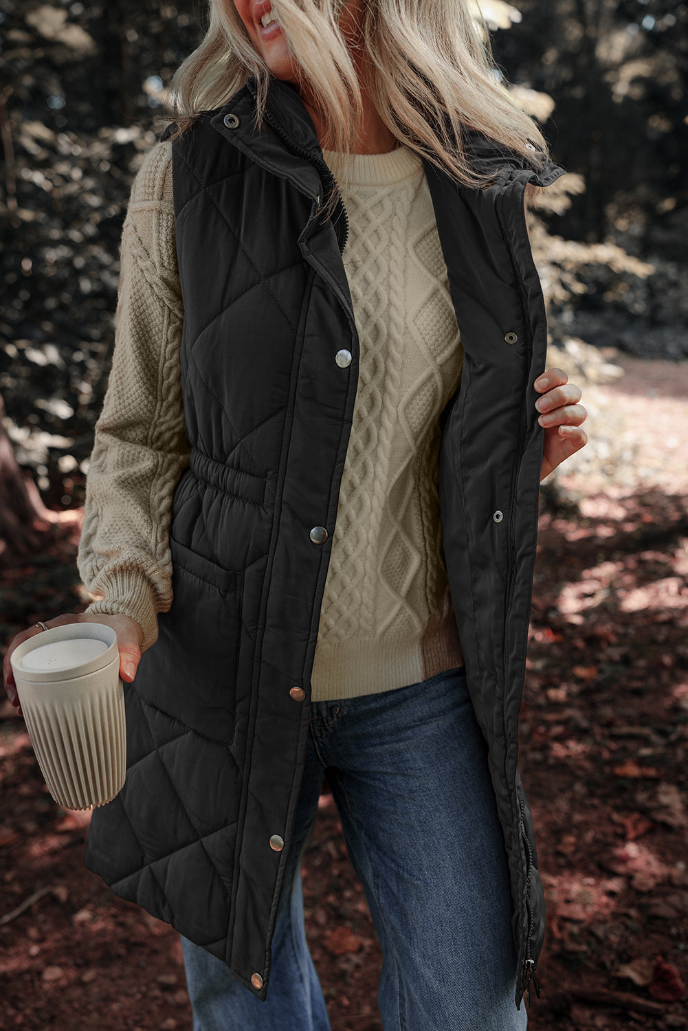 Pocketed Zipper and Button Vest Coat S-XL