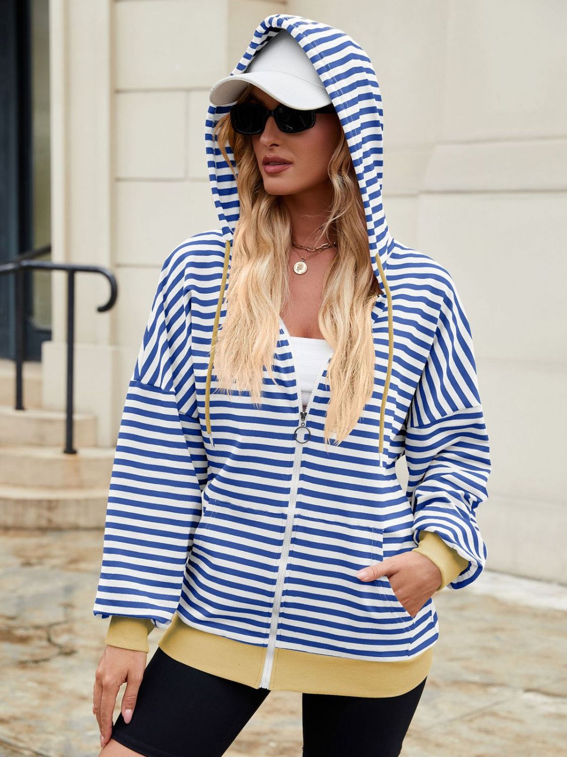 Drawstring Striped Zip Up Long Sleeve Hoodie S-2XL