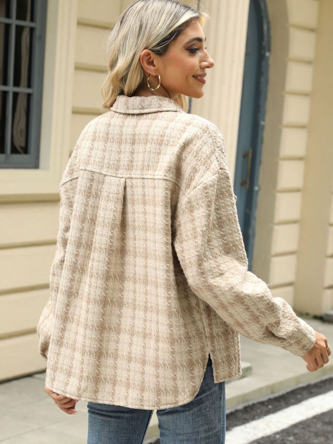 Plaid Collared Neck Long Sleeve Jacket S-XL