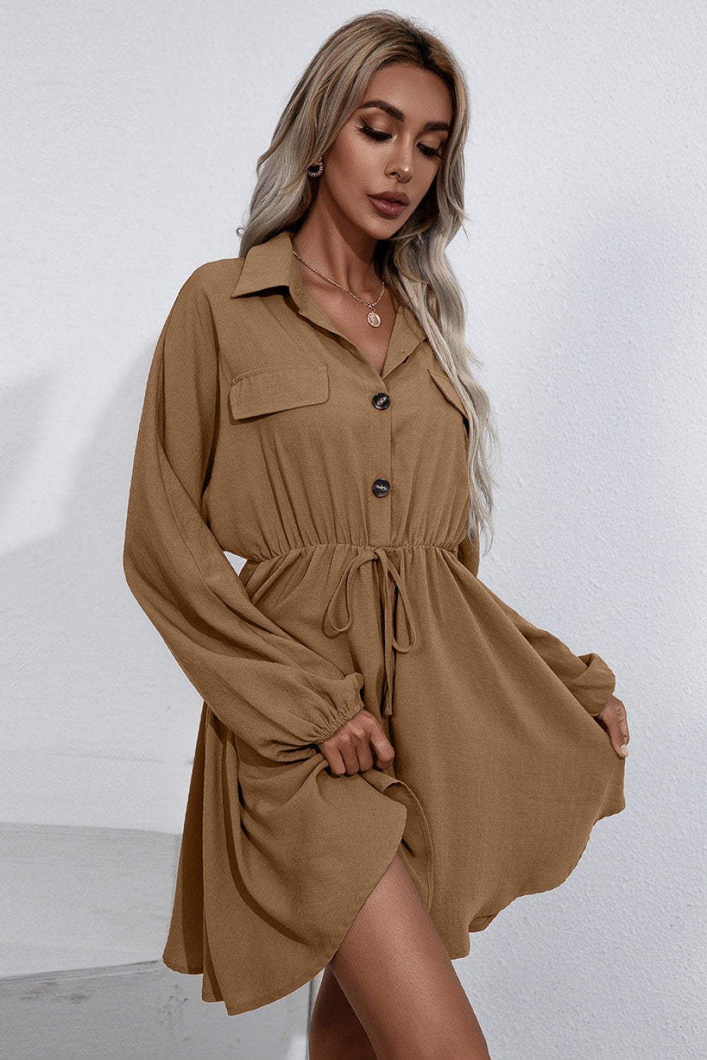 Ivy Lane Collared Tie Waist Button Up Shirt Dress S-XL